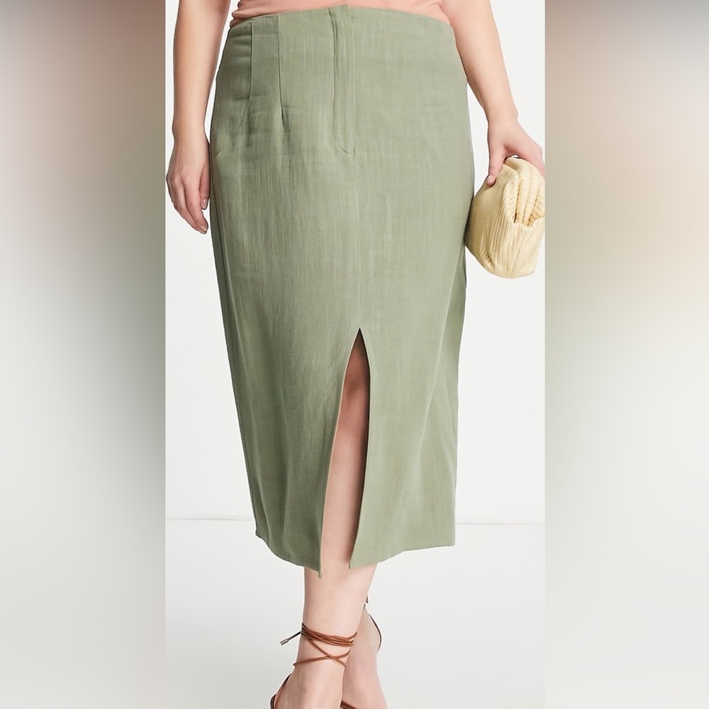 ASOS Design Curve Linen Midi Pencil Split Skirt Flat Front Lined Office Casual